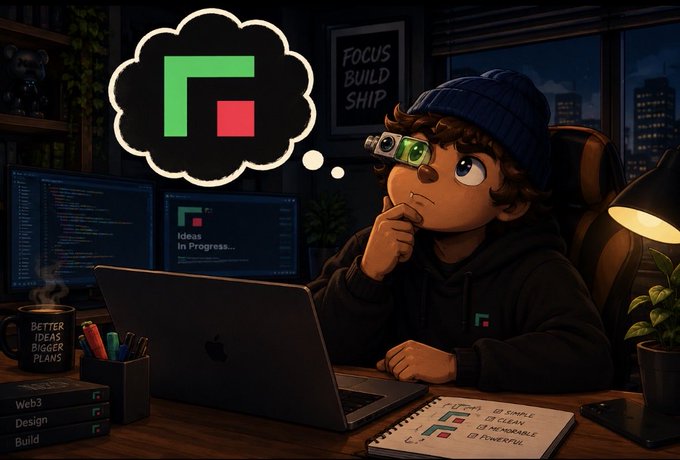A stylized digital illustration of a character wearing a beanie and AR glasses, sitting at a desk with a laptop, thinking about a thought bubble containing the React logo.