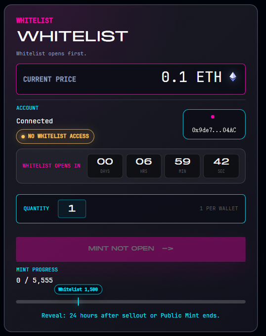 A dark-themed NFT minting interface showing a 'WHITELIST' page with current price of 0.1 ETH, a connected wallet (0x9de7...04AC) with 'NO WHITELIST ACCESS', countdown timer, and mint progress at 0/5,555.