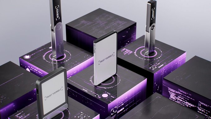 A 3D product render showing multiple black and silver 'Trust myself' branded devices arranged on glowing purple-lit boxes with a high-tech aesthetic.