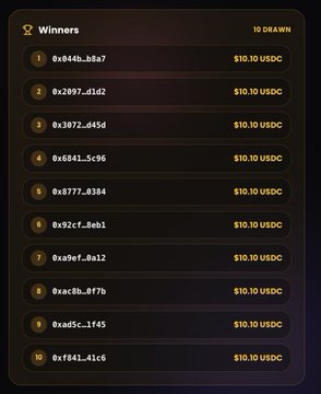 A "Winners" leaderboard displays 10 drawn winners (@x844b…bba7 through @xf841…41c6), each receiving $10.10 USDC for a total payout of $101 USDC on LitecoinVM. The image shows a transparent, on-chain giveaway with all winning wallet addresses publicly listed to verify the live draw.