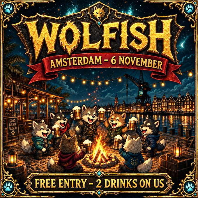 A promotional poster for 'WOLFISH AMSTERDAM - 6 NOVEMBER' featuring anthropomorphic wolves holding beer mugs around a campfire, with 'FREE ENTRY - 2 DRINKS ON US' at the bottom.
