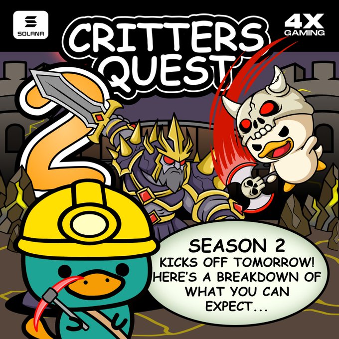 Promotional art for "CRITTERS QUEST" on Solana blockchain featuring cartoon characters and a banner stating "SEASON 2 KICKS OFF TOMORROW! HERE'S A BREAKDOWN OF WHAT YOU CAN EXPECT...".