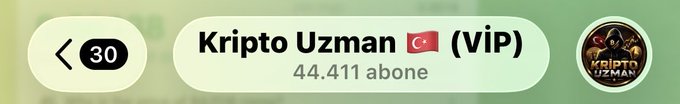 The image shows a Telegram channel preview for "Kripto Uzman 🇹🇷 (VIP)" with 44,411 subscribers and a "30" notification badge, visually serving as proof of the channel's popularity referenced in the accompanying promotional post claiming strong demand and limited admission.