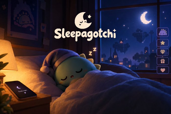 The "Sleepagotchi" app title screen features a cute teal character wearing a nightcap sleeping in bed, with a smartphone showing a "Good night" message on the nightstand.