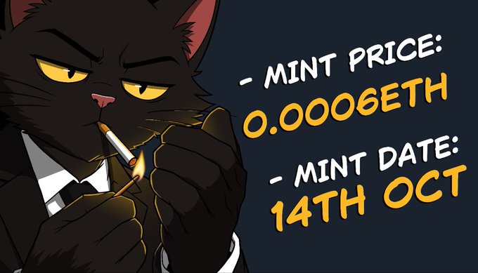 A cartoon black cat in a suit lighting a cigarette is featured alongside text announcing an NFT mint price of 0.0006 ETH on October 14th, directly supporting the post's details about the "Most Expensive Smart Cat Mint" Neko NFT collection with a total supply of 3,333.