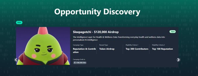 A digital interface titled "Opportunity Discovery" highlights a campaign for Sleepagotchi, advertising a $120,000 airdrop with token airdrop rewards for top contributors and high-reputation holders, ending in 120 days and 21 hours. The accompanying post promotes Sleepagotchi as a nostalgia-driven "Sleep 2 Earn" project nearing its TGE, urging NFT holders to check for eligible airdrops.