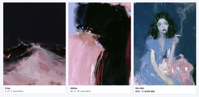 A digital art marketplace displays three paintings: 'Crux' (4 of 5 available), 'Abline' (10 of 10 available), and 'Dis-Moi' ($111 / 0.910 SOL), showing abstract and figurative works.