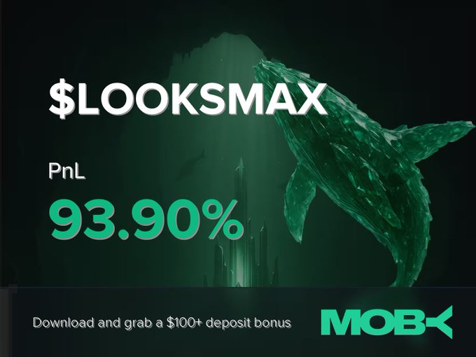 A promotional graphic for Moby features a crystalline green whale swimming upward alongside the text "$LOOKSMAX" and a PnL of 93.90%, with a banner at the bottom advertising a "$100+ deposit bonus" for downloading the app, visually celebrating the trader's reported win.