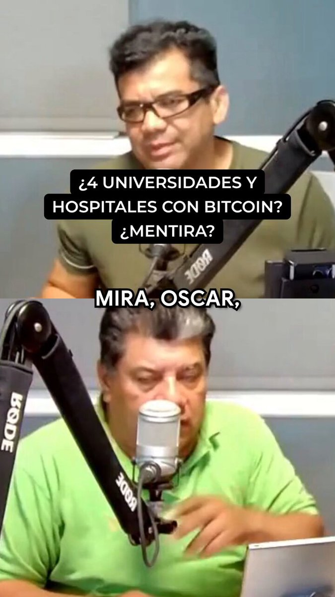 The image shows two men sitting at a table with microphones, one of them wearing glasses and the other wearing a green shirt. The man in the green shirt appears to be speaking into a microphone while the man in the glasses-wearing position is listening attentively. There are also text elements in the image that read "4 universidades y hospitalles con Bitcoin? Mentira?". This suggests that they might be discussing or talking about Bitcoin, possibly related to healthcare and technology.