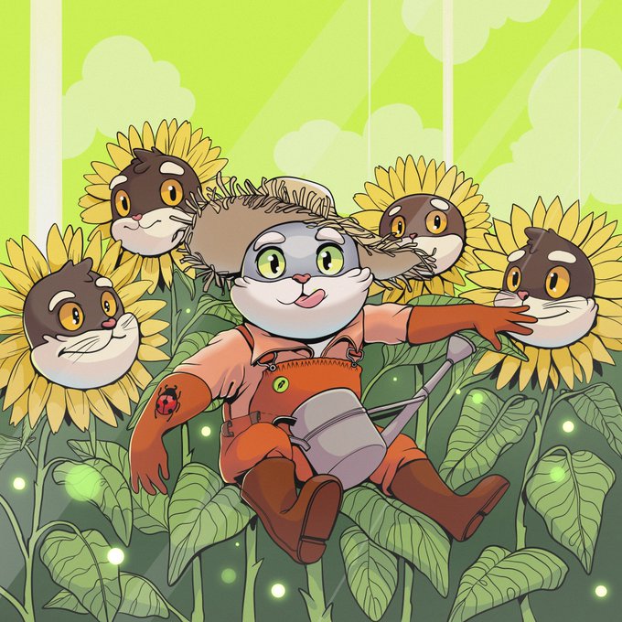 A cartoon illustration of an anthropomorphic cat in orange overalls holding a watering can, sitting among large sunflowers that have cat faces on them.