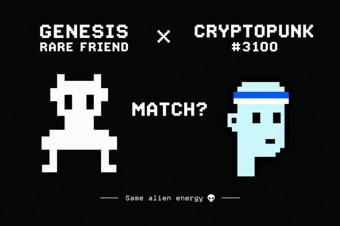 A pixel art graphic showing a 'GENESIS RARE FRIEND' character and a 'CRYPTOPUNK #3100' with the text 'MATCH? — Same alien energy 👽' on a black background.