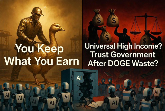 The image shows a group of robots with human-like features standing around each other. The text overlaying the image reads "You keep what you earn" and "Universal High Income?". The background of the image has a red and black color scheme, which is typical for a DOGE (DigitalOcean) sign. The text also mentions that after DOGE exposed hundreds of billions in ongoing waste, fraud & improper payments in just one year. This suggests that there might be an AI or robot-based system to detect and prevent such financial irregularities.