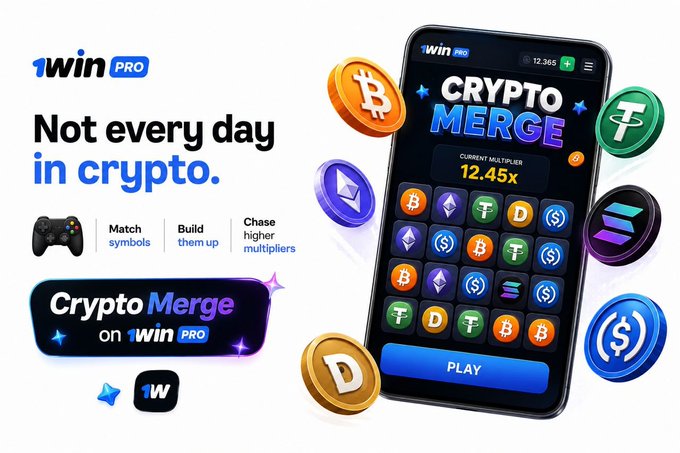 A promotional advertisement for '1win PRO' featuring the game 'Crypto Merge' on a smartphone screen, with the tagline 'Not every day in crypto.' and instructions to 'Match symbols', 'Build them up', and 'Chase higher multipliers'.