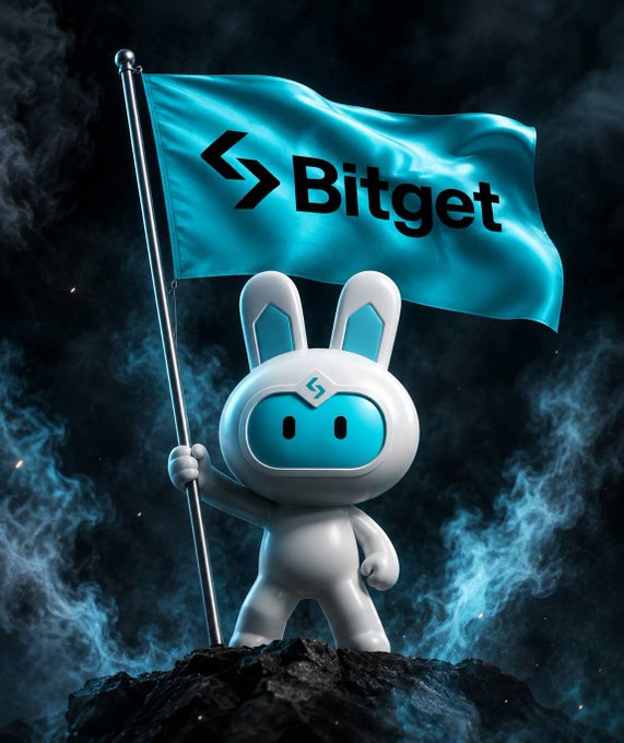A futuristic white and blue rabbit-like mascot stands triumphantly atop a rocky peak, holding a teal "Bitget" flag amid swirling smoke. The image embodies the post's message of resilience and renewed momentum in crypto, urging traders to stay positioned and vigilant with $BTC on their radar.