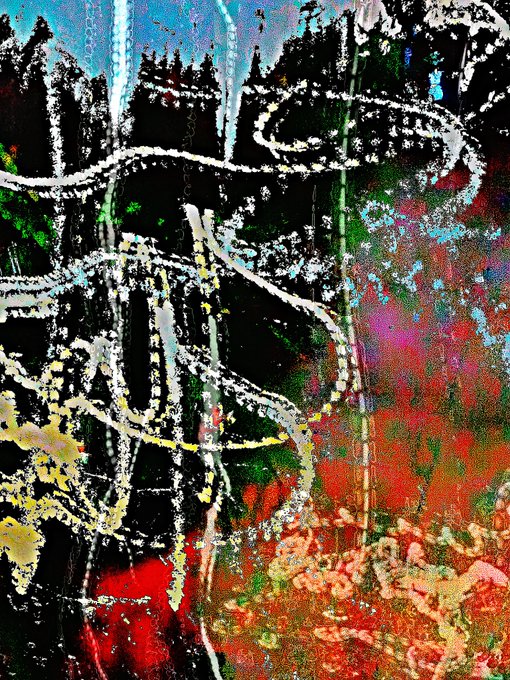 A vibrant, heavily textured abstract artwork with bold drips and splashes of black, red, green, blue, and yellow paint, featuring swirling white and yellow linear marks across the surface.