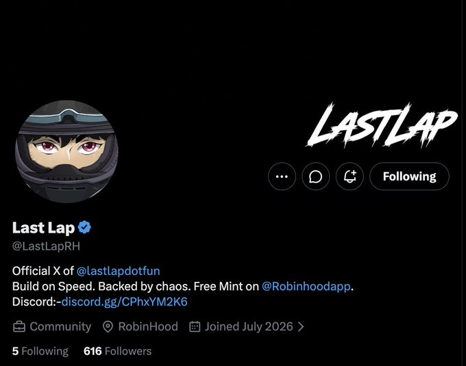 The image shows the Twitter profile for "@LastLapRH," which is promoting a free mint on the Robinhood app. The accompanying post details mint details such as supply and price, and how to join a giveaway.