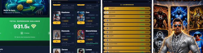 A collage of four mobile app screenshots shows various gaming features, including a 'SuperCash Balance' of 931.5k, a hero selection screen, a 'Leaderboard', and character portraits including a man in a silver suit.