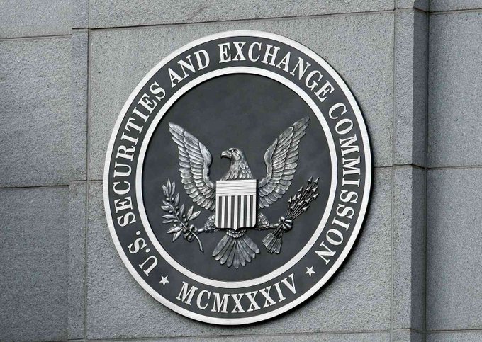 The image shows the official seal of the U.S. Securities and Exchange Commission (SEC), featuring an eagle and the founding date MCMXXXIV (1934), mounted on a stone building. The seal relates directly to the post about the SEC's upcoming vote on a tailored offering regime for crypto investment contracts scheduled for Friday, August 14, as this is the regulatory agency responsible for the rulemaking decision.
