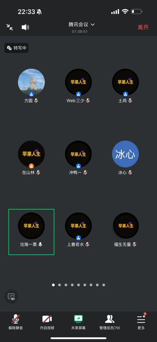 A screenshot of a Chinese video conferencing app (腾讯会议) showing a grid of participant avatars with names like 万丽, Web二少, 苹果人生, 冰心, and others during a meeting that has been running for 1:38:51.