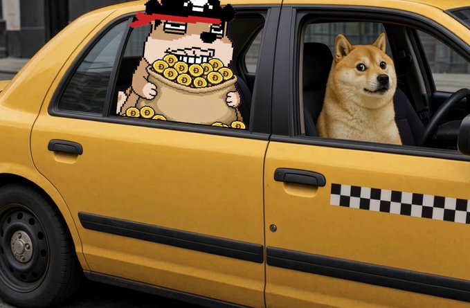 A yellow taxi cab is shown with a Shiba Inu dog in the driver's seat and a pixel-art character adorned with gold chains and red sunglasses in the passenger seat, featuring a checkered stripe on the door.