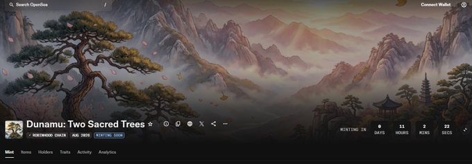 A promotional countdown banner for "Dunamu: Two Sacred Trees" NFT collection on OpenSea, set against an East Asian-style mountain landscape with cherry blossoms. The interface shows a minting countdown of 11 hours, 22 seconds remaining, with the listing hosted on the Polygon blockchain and priced at 100 MATIC, aligning with the post's announcement about final whitelist minting opportunities.