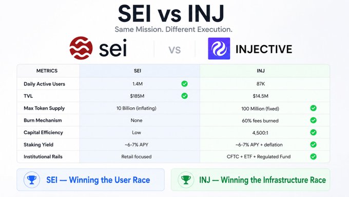 The image shows a comparison between two companies, Sei Network and Injective. The text at the top of the image reads "SEI vs. INJU", while the bottom part displays the names of both companies along with their respective statistics. The company Sei Network is compared to Injective in terms of daily active users (DAU), TVL, and user numbers. It is also compared to other companies based on their TVL, user numbers, and capitalization. The image focuses on the differences between these two companies rather than highlighting similarities or ranking them.