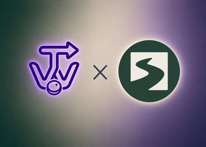 A purple neon "W" logo with an arrow and smiley face paired with a green "S" logo, separated by an "×" symbol, representing a partnership between Wintip and Cashen as they onboard together with a 5,000,000 $CC token lock supporting their Canton Featured App application.