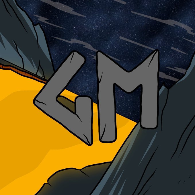 A digital illustration featuring large grey letters 'GM' floating over a stylized landscape with yellow ground and a starry night sky between dark rocky formations.