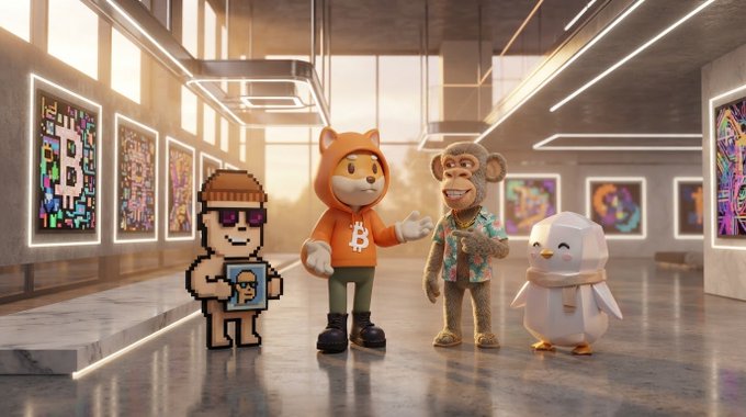 Four cartoon mascot characters (including a Bitcoin pixel figure, a dog in an orange hoodie, a monkey in a Hawaiian shirt, and a penguin) standing in a modern art gallery.