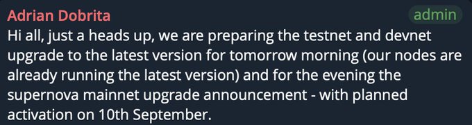 A Discord message from admin "Adrian Dobrita" announces that testnet and devnet upgrades are scheduled for tomorrow morning, with their nodes already running the latest version, and that a supernova mainnet upgrade announcement is planned for the evening with activation on September 10th. The post relates to the caption "chat, we're on track" by confirming the team's progress and timely coordination of network upgrades.