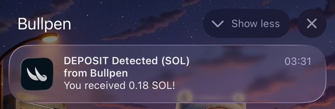 A mobile notification from Bullpen shows 'DEPOSIT Detected (SOL)' at 03:31, stating 'You received 0.18 SOL!'