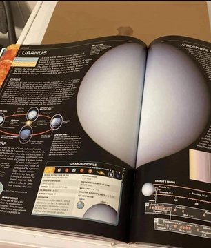 An open astronomy book displaying detailed information about Uranus and its profile, featuring illustrations of the planet and its orbit.