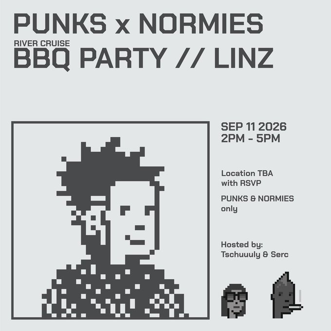 A black-and-white flyer for a 'PUNKS x NORMIES RIVER CRUISE BBQ PARTY // LINZ' event featuring a pixel-art portrait, scheduled for SEP 11 2026, 2PM-5PM, hosted by Tschuully & Serc.
