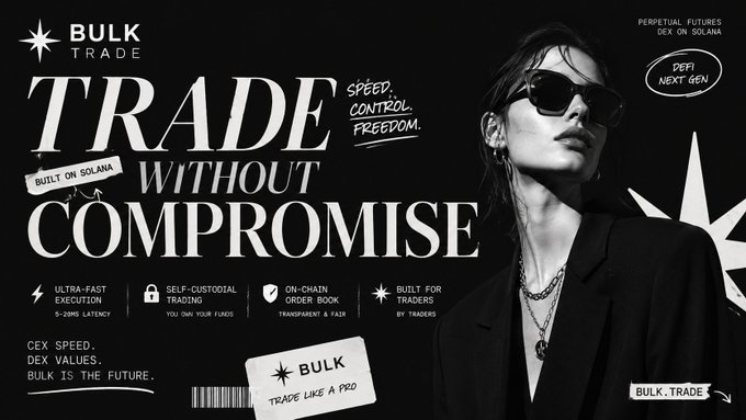 A black-and-white promotional graphic for BULK.TRADE featuring a stylized woman wearing sunglasses and a blazer, with bold text reading "TRADE WITHOUT COMPROMISE," highlighting features like "ULTRA-FAST EXECUTION," "SELF-CUSTODIAL TRADING," "ON-CHAIN ORDER BOOK," and "BUILT FOR TRADERS," alongside branding for "PERPETUAL FUTURES DEX ON SOLANA" and a "DEFI NEXT GEN" badge. The post reinforces this by positioning BULK as a next-generation decentralized trading platform that combines centralized exchange speed with self-custodial ownership.