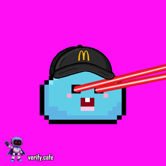 A pixelated blue slime character wearing a black McDonald's cap is featured against a bright magenta background, with red laser beams shooting from its pink cheeks and a small astronaut mascot beside the "verify.cafe" text in the corner. The image serves as promotional artwork for an NFT sale on XRPL, advertising that Drop #718 sold for 30 XRP (~$31.05) via the @drop_xrp project on verify.cafe.