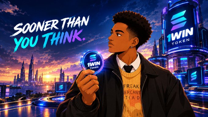 Promotional artwork for "1WIN TOKEN" featuring a young man holding a glowing token coin, with the text "SOONER THAN YOU THINK." against a neon cityscape background.