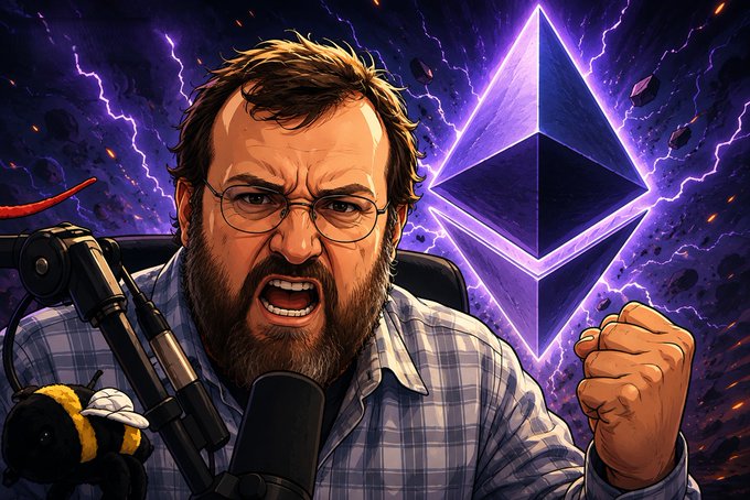 A dramatic illustrated image of an angry, bearded man with glasses shouting into a microphone, with the Ethereum logo prominently displayed against a purple lightning-filled background.