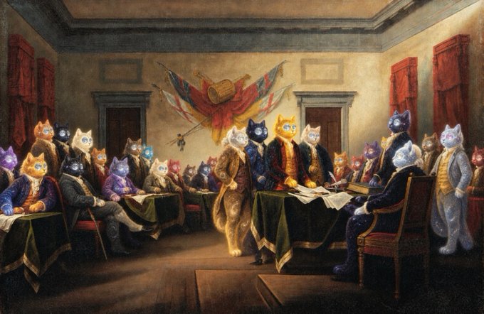 A classical-style painting depicting an assembly of cats in human attire, reminiscent of a historical signing scene, gathered around a table with draped flags.