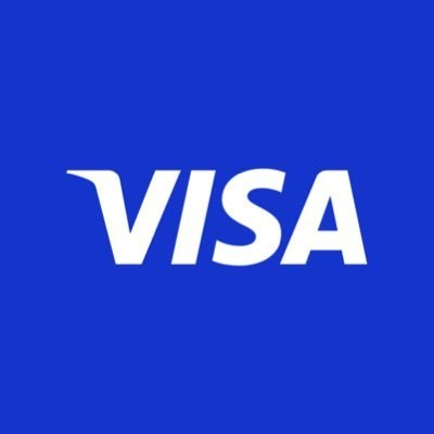 The Visa logo is displayed in white text on a solid blue background.