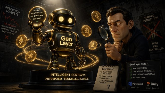 A golden GenLayer robot is shown resolving prediction markets automatically using intelligent contracts, while a skeptical man with a magnifying glass inspects it. The image contrasts "Manual Resolution" (slow, biased, centralized) with GenLayer's automated, trustless approach, featuring related text such as "Prediction Markets," "The Problem: Someone still has to manually decide the outcome," "Intelligent Contracts, Automated, Trustless, Accurate," and a "Skeptical?" checklist that the GenLayer robot "fixes it."