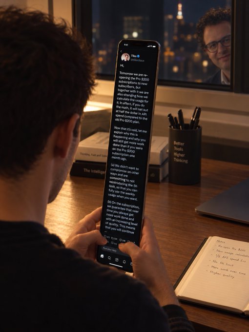A man views an Instagram post by @theo on his phone, with Tibo visible in the background reflection. The post text reads "Tomorrow we are reopening the Pro $500 subscriptions to new subscribers, but together with it we are also changing how we calculate the usage for it..." aligning with the caption about Tibo explaining how halving Pro tokens benefits workflow.