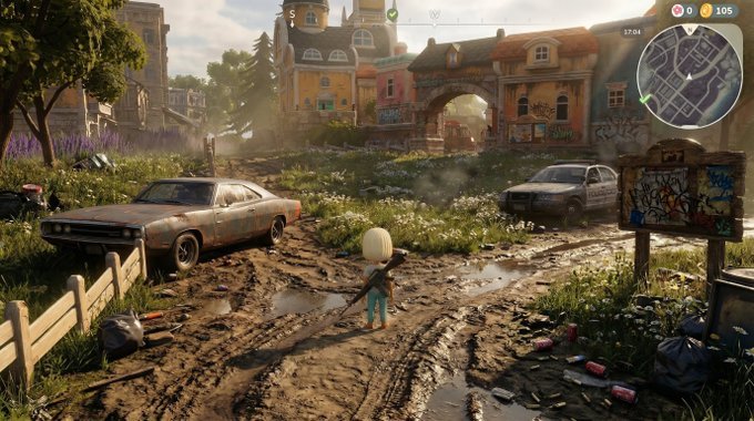 iker's guide to the city of ashford, UK, features a character on a dirt road with a car and buildings in the background.