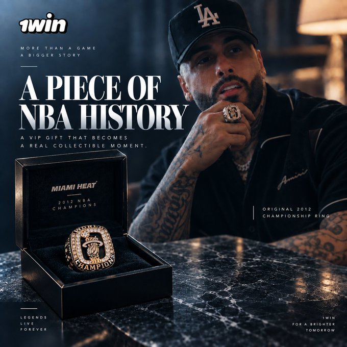 Promotional advertisement for 1WIN featuring a man in an LA cap displaying a Miami Heat 2012 NBA Championship ring, with text reading 'A PIECE OF NBA HISTORY', '1WIN MORE THAN A GAME A BIGGER STORY', and 'LEGENDS LIVE FOREVER 1WIN FOR A BRIGHTER TOMORROW'.