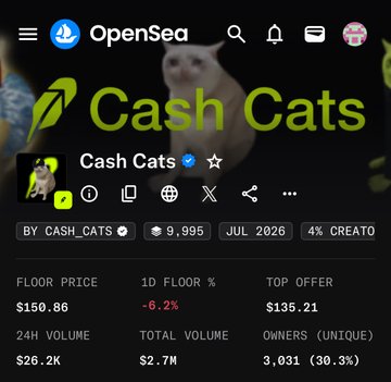 The image shows an OpenSea NFT collection page for "Cash Cats" displaying a floor price of $150.86, a 24-hour volume of $26.2K, and a total volume of $2.7M, illustrating the post's argument that Cashcats NFT floor prices are significantly undervalued relative to their token's market cap.