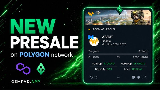 The image features a banner for a new presale that has been posted by @Warmytoken, which is an online community dedicated to the Winn ecosystem. The post announces the upcoming presale of a token called @Warmytoken on Polygon network gempad.app/presale/0x2345 and provides details about the token's progress and how it works.