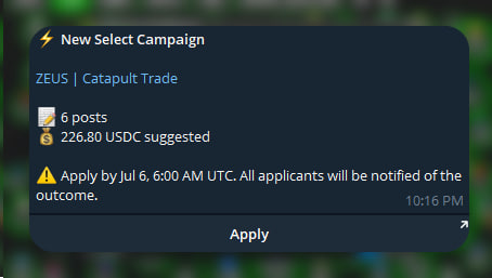 A screenshot showing a notification for a "New Select Campaign" titled "ZEUS | Catapult Trade" offering 226.80 USDC for 6 posts with a deadline of July 6, 6:00 AM UTC, directly supporting the skeptical post questioning whether real users are winning Wallchain campaigns or just insiders.
