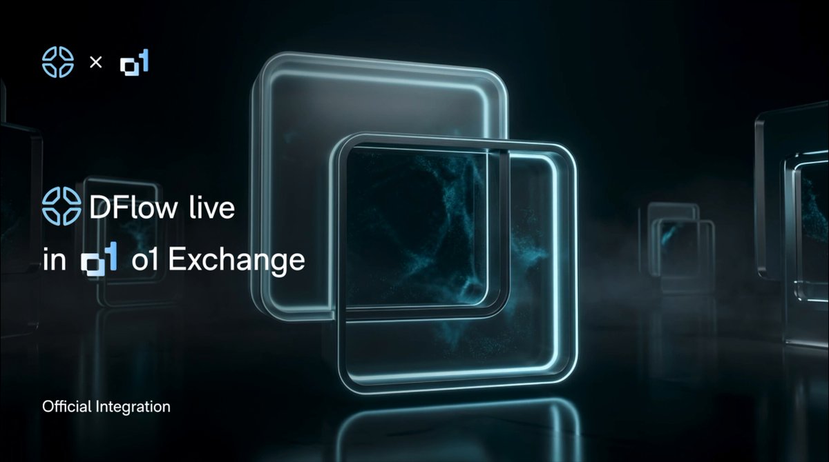 The image features a large square with two smaller squares inside of it, creating an interesting visual effect. The background of the image is black, which contrasts with the white text that reads "DFlow Live in 1 of 1 Exchange". Below this text, there are three small circles on the right side of the image.