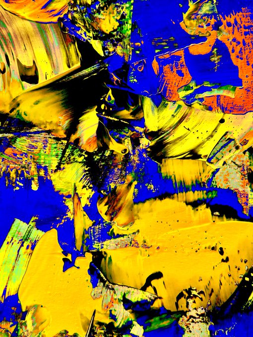 An abstract, highly textured painting composed of thick, expressive brushstrokes in bold yellows, blues, greens, and oranges.