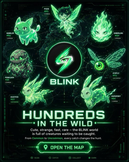 The image features a poster for an online game called "Blink World Eth", which combines elements of both gaming and real-world exploration. The poster showcases various Blink Creatures, including a bunny, a fairy, and other unique characters, all rendered in a vibrant green color scheme against a black background. The game's objective is to explore the Blink World ethically while collecting NFTs (Non-Fungible Tokens) from the characters encountered along the way. The poster also includes information about the game's rewards system, which encourages players to collect these tokens and engage with the characters in order to progress through the game.