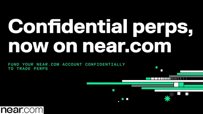 A black promotional banner for near.com with white text reading 'Confidential perps, now on near.com' and green text 'FUND YOUR .NEAR.COM ACCOUNT CONFIDENTIALLY TO TRADE PERPS', with green and white pixelated graphics.